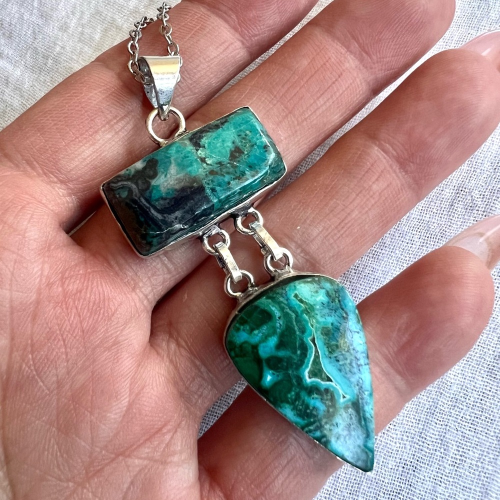 925 Beautiful Chrysocolla Malachite Double Pendant Necklace